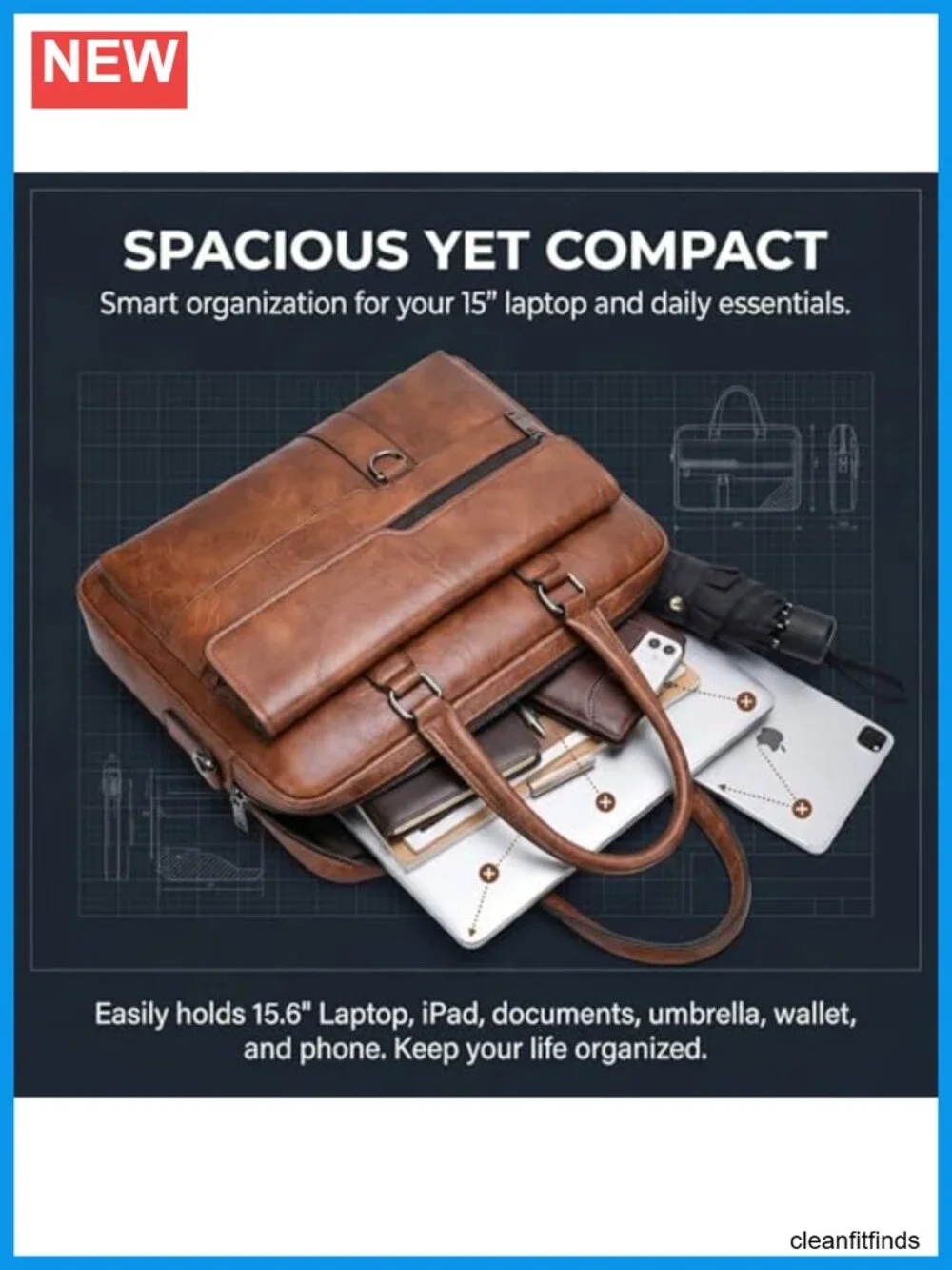 Men's Leather Laptop Bag 15 In Water-Resistant Briefcase Messenger for Work